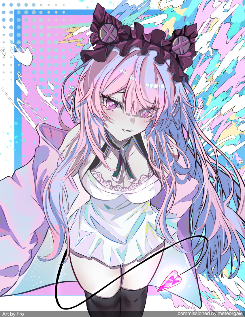 1girl, absurdres, alternate_costume, animal_ear_headwear, animal_ears, aqua_hair, black_headdress, black_tail, black_thighhighs, breasts, cleavage, commission, demon_tail, dress, fake_animal_ears, francis_cairo, highres, jacket, looking_at_viewer, multicolored_hair, open_clothes, open_jacket, parted_lips, pink_eyes, pink_hair, pink_jacket, pixiv_commission, punishing:_gray_raven, purple_eyes, short_dress, sidelocks, smile, solo, spade_(shape), tail, teddy:_decryptor_(pgr), teddy_(pgr), thighhighs, white_dress