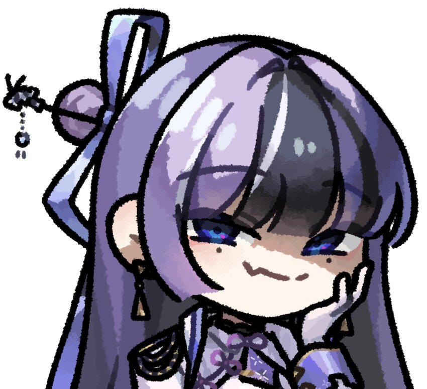 1girl, blue_eyes, chibi, chinese_clothes, chinese_hairpin, closed_mouth, epaulettes, fang