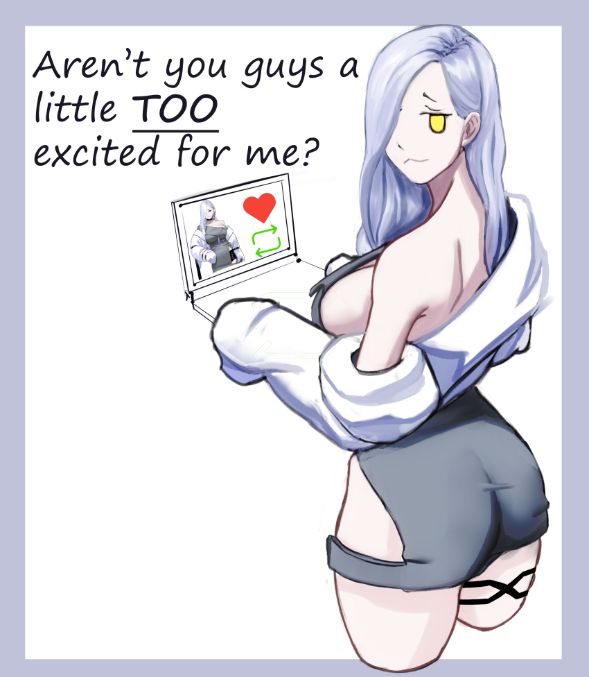 1girl, :3, absurdres, ass, ath_what, cropped_legs, dress, earrings, english_text, fate/grand_order, fate_(series), from_behind, grey_dress, grey_hair, hair_over_one_eye, highres, jacket, jewelry, like_and_retweet, lipstick, makeup, meme, hebi_nyoubou_(fate), off_shoulder, solo, white_jacket, yellow_eyes