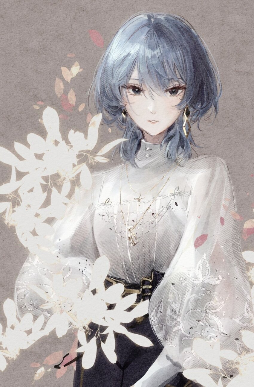 1girl, black_eyes, black_pants, blue_hair, collared_shirt, cowboy_shot, earrings, glint