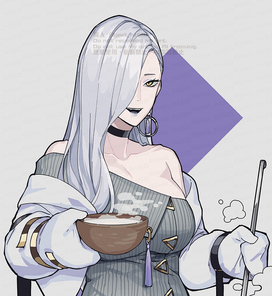 1girl, blue_eyeliner, blue_lips, choker, dress, earrings, eyeliner, fate/grand_order, fate_(series), food, grey_dress, hair_over_one_eye, hoop_earrings, jacket, jest_ht90, jewelry, makeup, off_shoulder, hebi_nyoubou_(fate), ribbed_dress, solo, soup, sweater, sweater_dress, upper_body, watermark, white_jacket