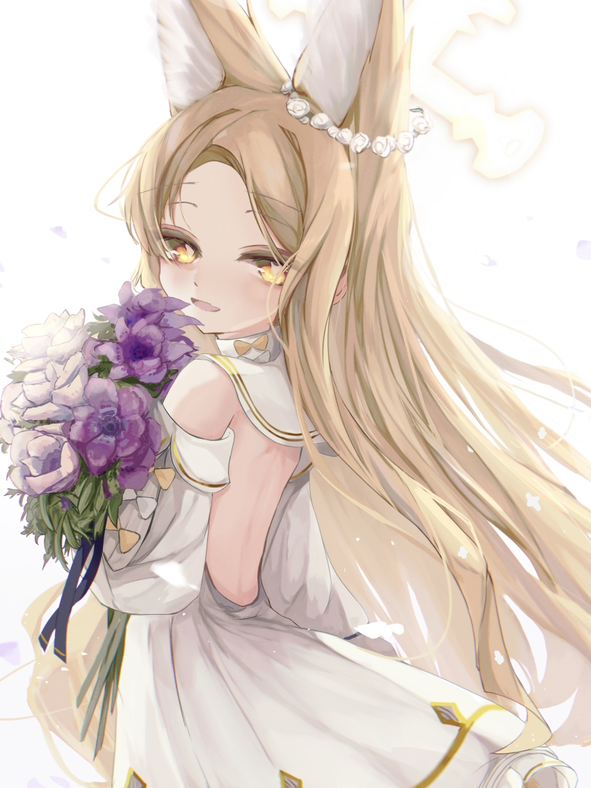 1girl, :d, absurdres, animal_ear_fluff, back, bare_shoulders, blonde_hair, blue_archive