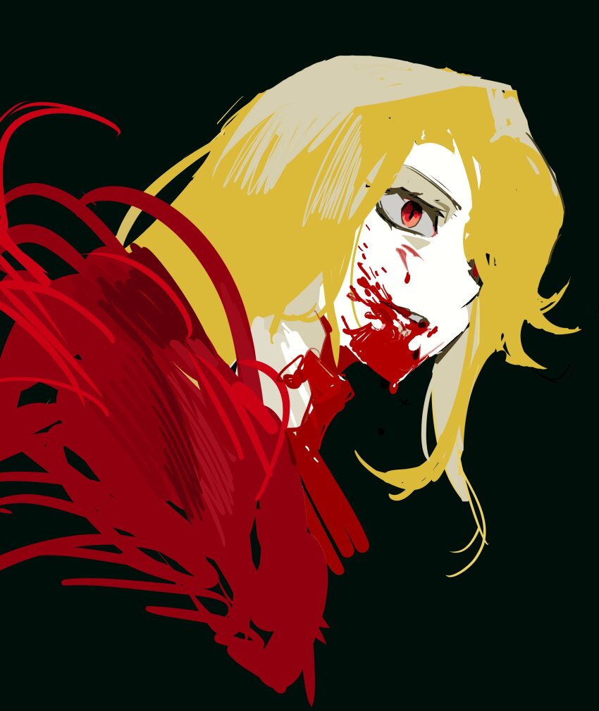 1girl, absurdres, black_background, blonde_hair, blood, blood_on_clothes, blood_on_face, cape, collared_shirt, don_quixote_(project_moon), foxpoopsmell, highres, la_manchaland's_don_quixote_(project_moon), limbus_company, long_hair, open_mouth, parted_bangs, project_moon, red_cape, red_eyes, sancho_(project_moon), shirt, simple_background, solo, very_long_hair, white_shirt