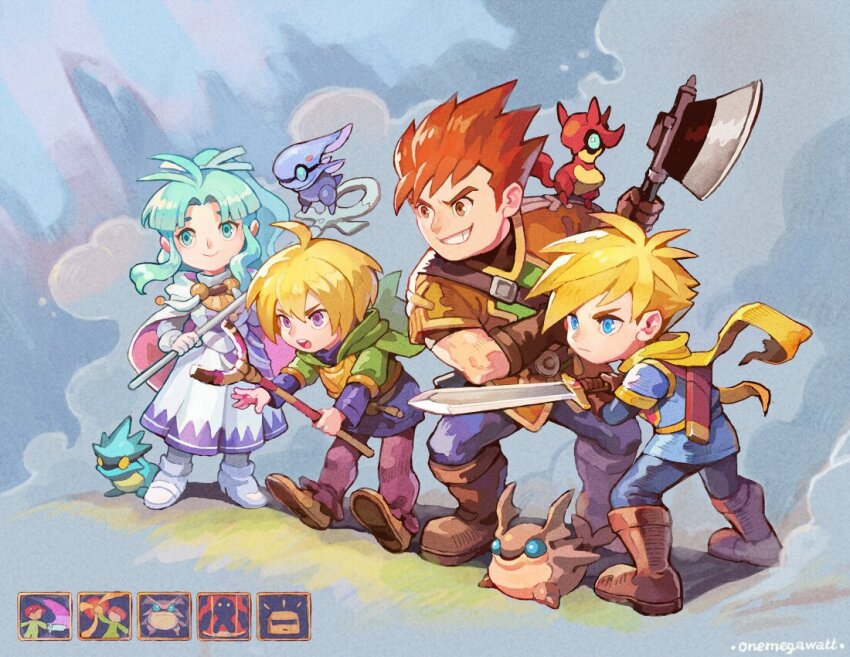 1girl, 3boys, aqua_eyes, aqua_hair, axe, blonde_hair, blue_eyes, blue_tunic