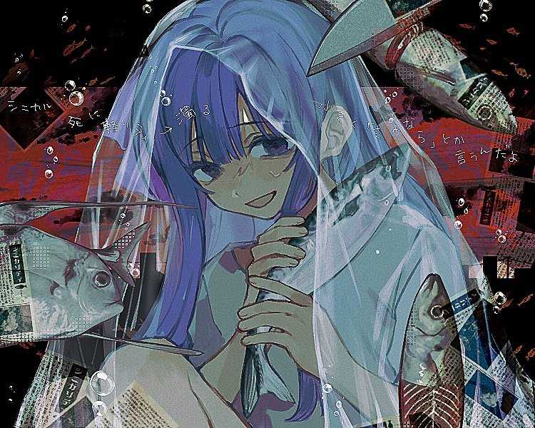 1girl, animal, blue_eyes, blue_hair, commentary_request, cynicality_(voiceroid), fish, hands_up