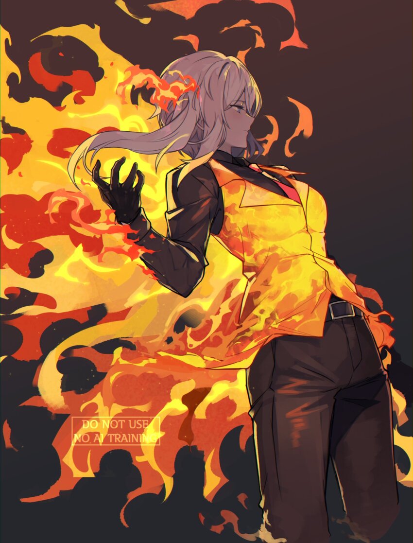 1girl, ardor_blossom_star_(e.g.o), black_background, black_gloves, black_pants, black_shirt, blue_eyes, collared_shirt