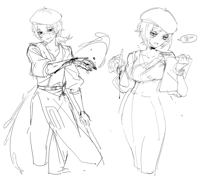 1boy, 1girl, absurdres, apron, belt, beret, blush, breasts