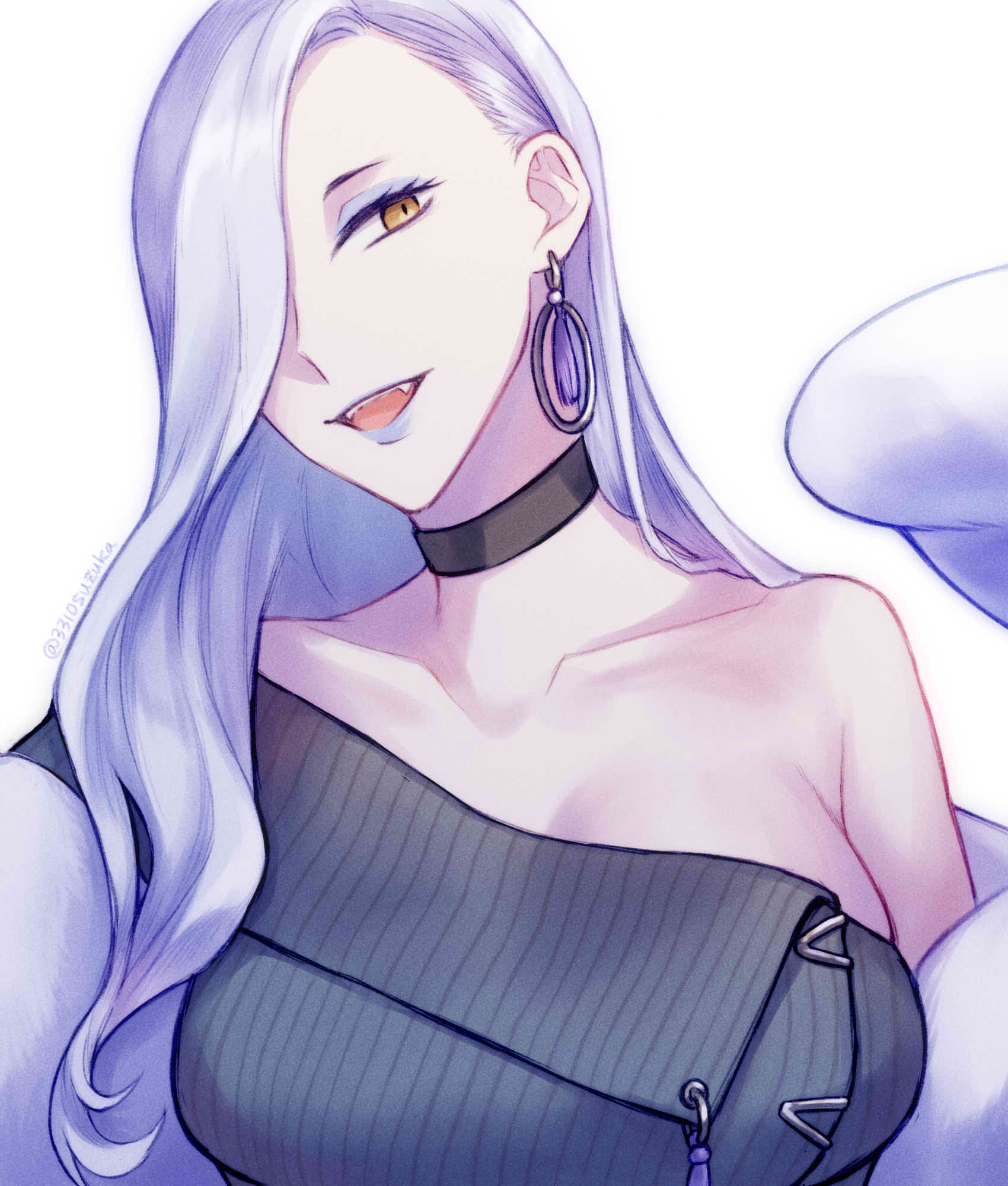 1girl, 3310suzuka, bare_shoulders, blue_lips, breasts, choker, collarbone, dress