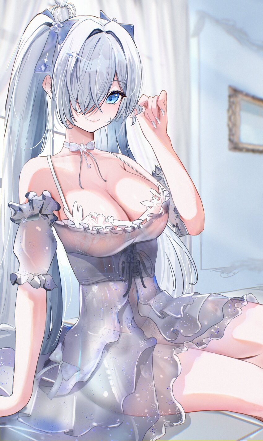 1girl, absurdres, blue_eyes, bra_visible_through_clothes, breasts, cinderella_(glass_princess)_(nikke), cinderella_(nikke), cleavage