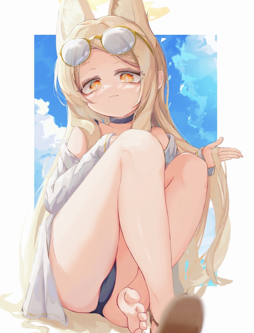1girl, :3, alternate_costume, animal_ear_fluff, animal_ears, bare_shoulders, barefoot, black_choker, blonde_hair, blue_archive, blue_sky, blurry, border, bright_pupils, choker, closed_mouth, commentary, crossed_ankles, day, depth_of_field, extra_ears, eyelashes, eyewear_on_head, feet, forehead, fox_ears, fox_girl, full_body, hair_over_shoulder, halo, hands_up, highres, imoni5594, knees_up, loli, long_hair, looking_at_viewer, orange_eyes, outdoors, outside_border, parted_bangs, sandals, seia_(blue_archive), shirt, sidelighting, sitting, sky, slit_pupils, smile, solo, straight_hair, sunglasses, swimsuit, thighs, toes, very_long_hair, white_border, white_pupils, white_shirt, yellow_halo