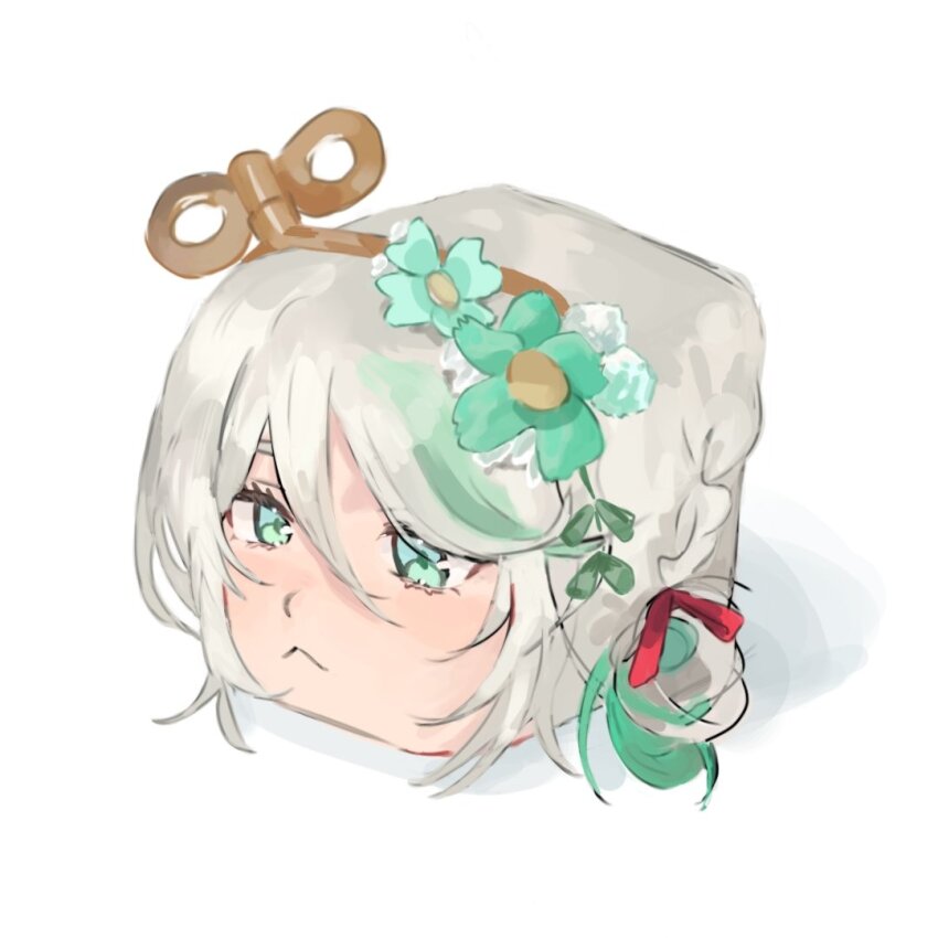 1girl, cecilia_immergreen, closed_mouth, cube, flower, green_eyes, green_flower, green_hair, grey_hair, hair_flower, hair_ornament, hololive, hololive_english, maiemuri, multicolored_hair, red_ribbon, ribbon, simple_background, solo, virtual_youtuber, white_background, winding_key