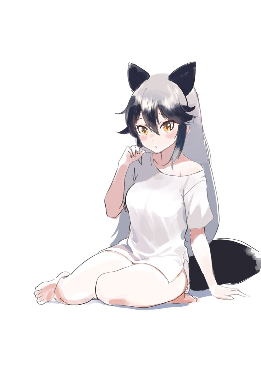 1girl, animal_ears, bare_legs, barefoot, blush, extra_ears, fox_ears, fox_girl