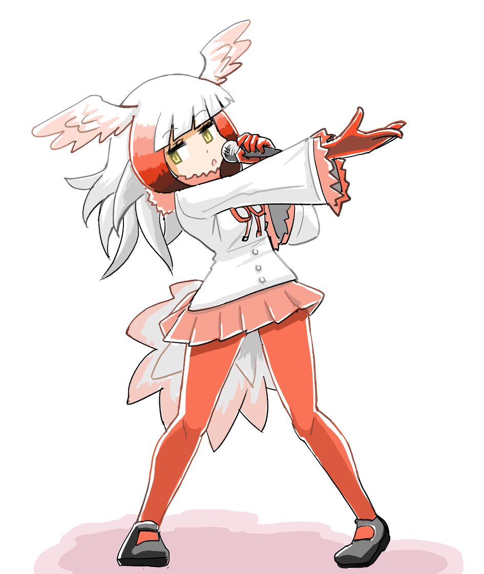 1girl, bird_girl, bird_tail, bird_wings, black_shoes, blunt_bangs, bow, bowtie, elbow_gloves, frilled_sleeves, frills, full_body, fur_collar, gloves, head_wings, japanese_crested_ibis_(kemono_friends), kemono_friends, long_hair, long_sleeves, mary_janes, microphone, msl2go, multicolored_hair, pantyhose, pleated_skirt, red_bow, red_bowtie, red_gloves, red_hair, red_pantyhose, red_skirt, shirt, shoes, sidelocks, skirt, solo, standing, tail, white_fur, white_hair, white_shirt, wings, yellow_eyes