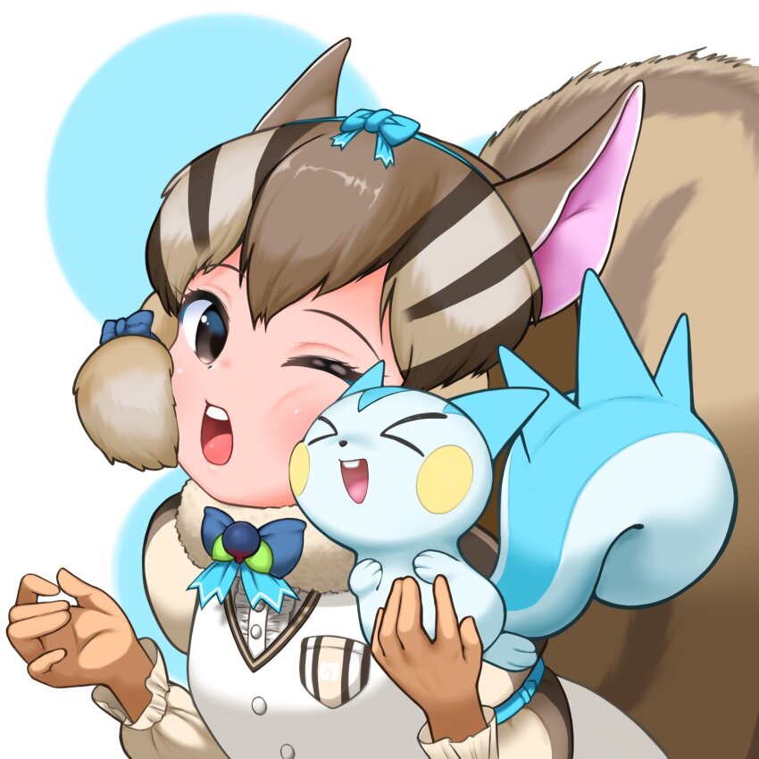 >_<, 1girl, blue_bow, blue_bowtie, blush, bow, bowtie, brown_eyes