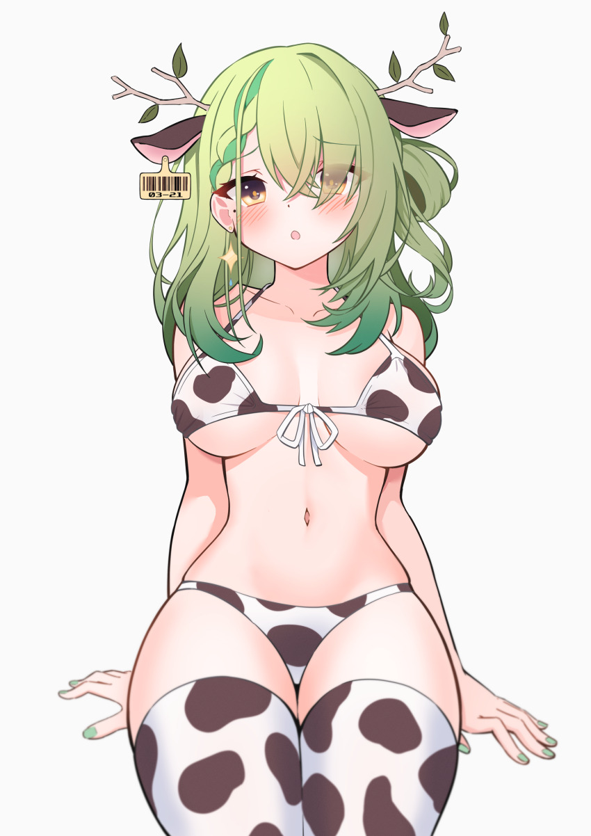 1girl, :o, absurdres, animal_ears, animal_print, antlers, arms_at_sides, bakedmonogamy