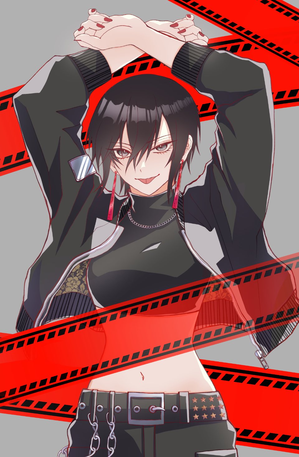 1girl, arms_up, belt, wallet_chain, black_belt, black_eyes, black_hair, black_jacket