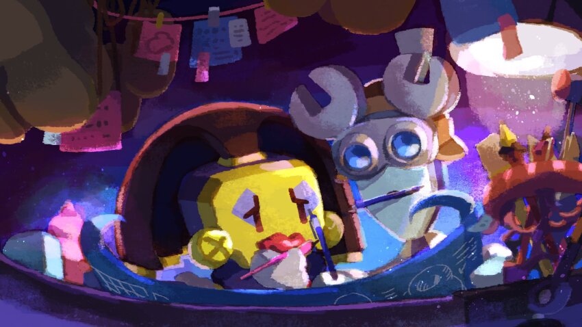 2girls, acidity_lattice, adaphne_(mario), blueprint_(object), brown_footwear, brown_hair, colored_skin, earrings