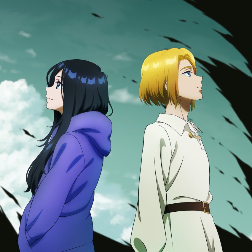 1boy, 1girl, black_hair, blonde_hair, blue_eyes, closed_mouth, green_eyes, highres