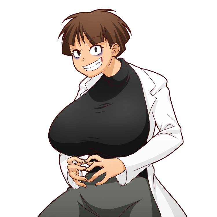 1girl, animification, breasts, brown_hair, cleavage, evil_grin, evil_smile, genderswap, grin, heinz_doofenshmirtz, lab_coat, long_sleeves, looking_at_viewer, mike_inel, pants, phineas_and_ferb, shirt, short_hair, smile, solo, teeth