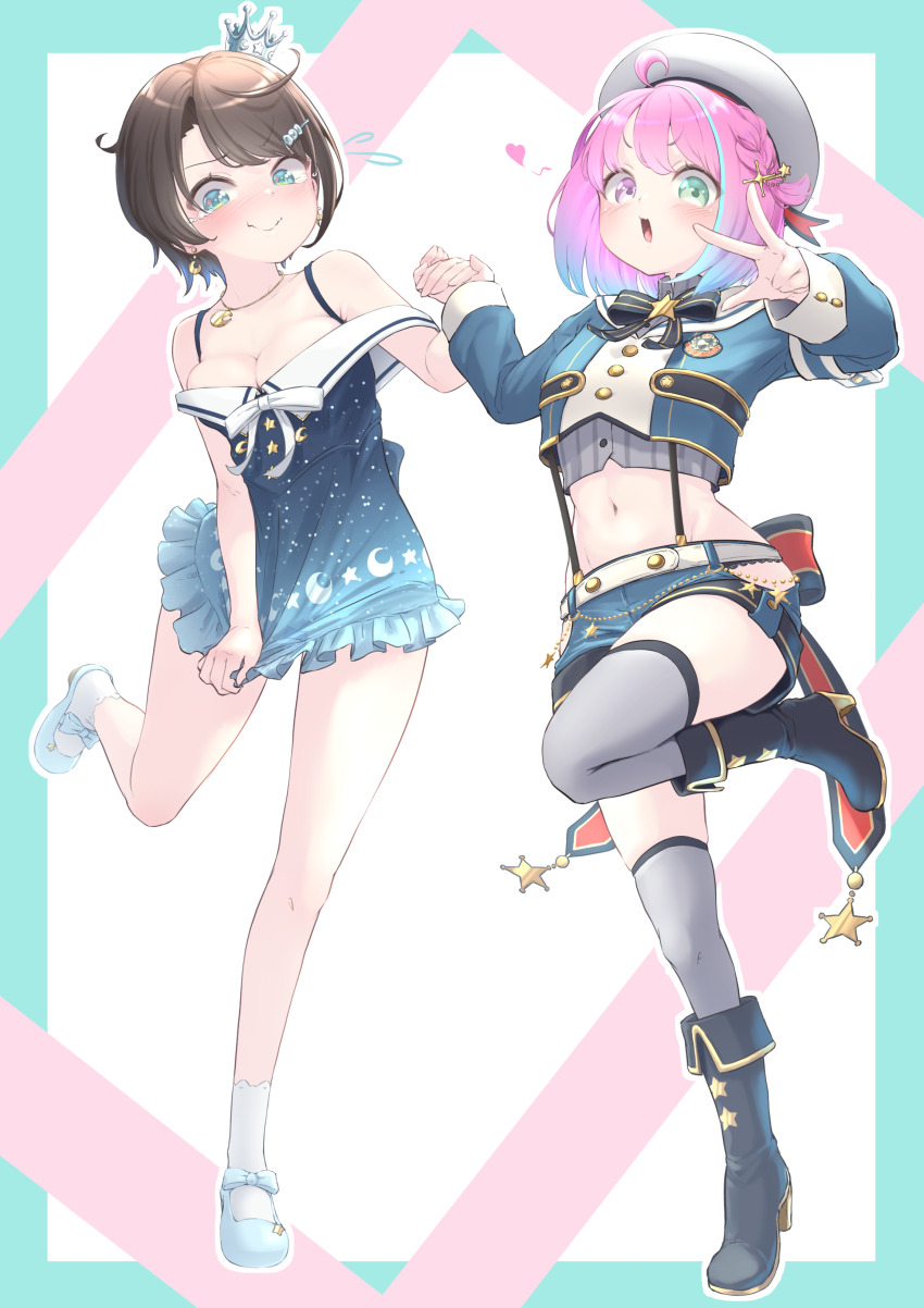 2girls, absurdres, ahoge, beret, black_footwear, blue_dress, blue_eyes, blue_footwear