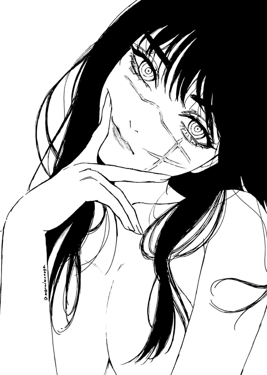 1girl, breasts, breasts_squeezed_together, chainsaw_man, closed_mouth, commentary, facial_scar, greyscale