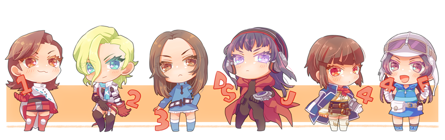 6+girls, :<, :3, :p, alex_(megami_tensei), asahi_(megami_tensei), belt, black_bodysuit