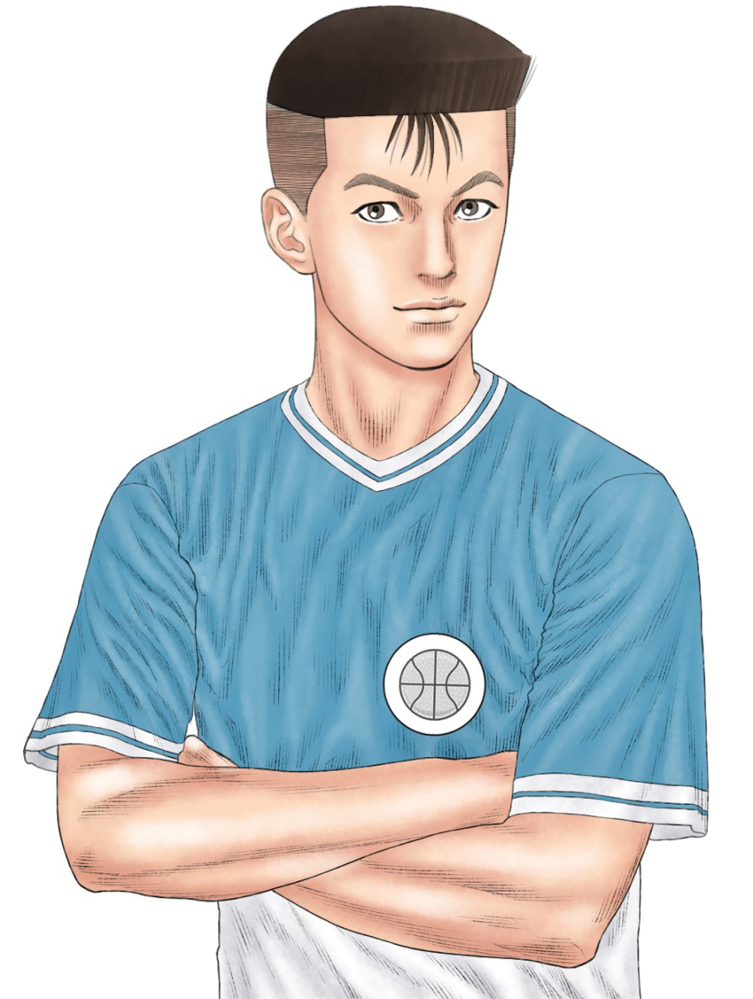 1boy, aida_hikoichi, artist_request, basketball_uniform, brown_eyes, brown_hair, crossed_arms, highres, looking_at_viewer, slam_dunk_(series), sportswear, white_background