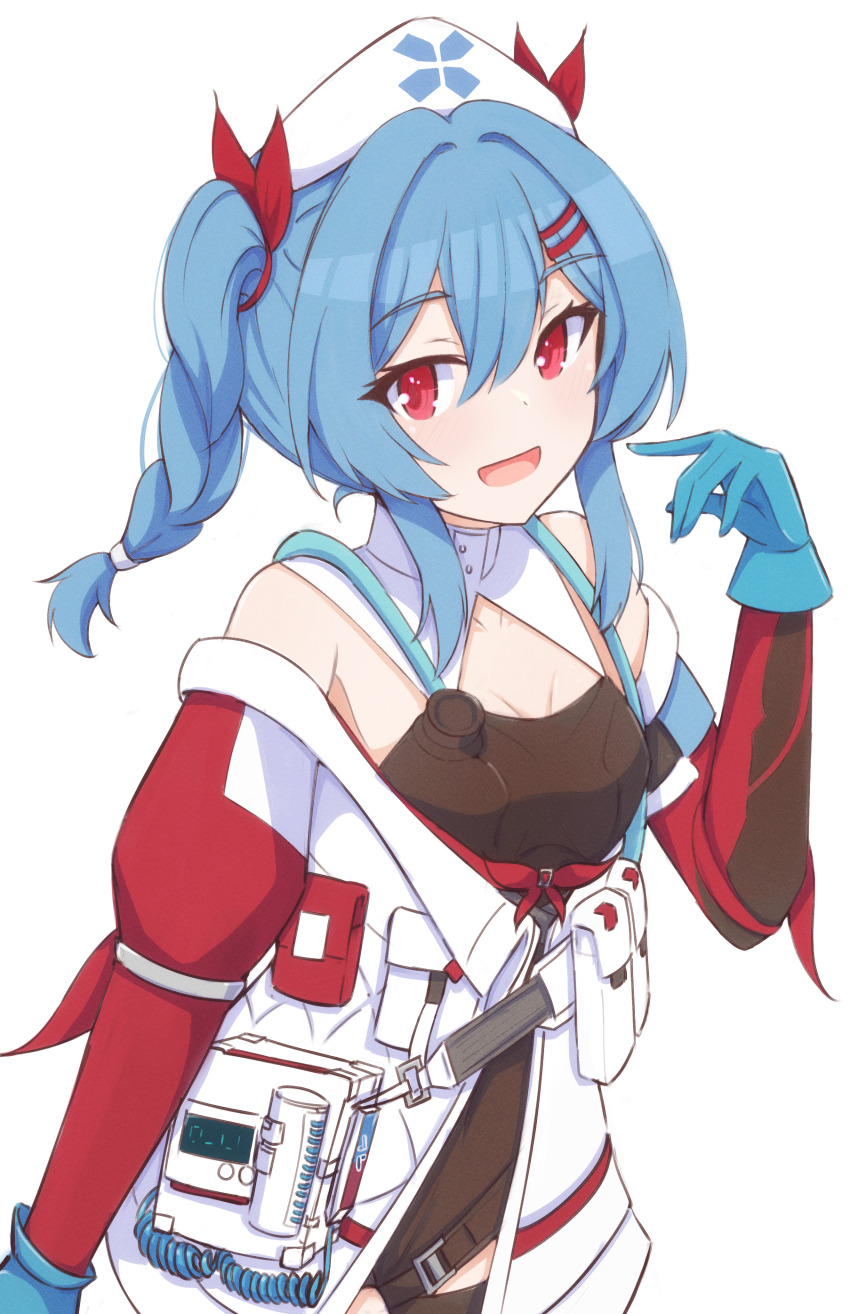 1girl, :d, absurdres, bare_shoulders, black_shirt, blue_gloves, blue_hair, blush