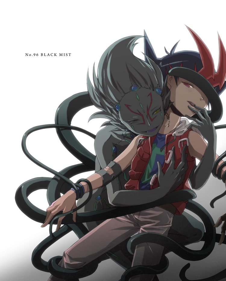 2boys, armband, bare_shoulders, black_hair, blue_shirt, blue_wrist_cuffs, body_markings, bound