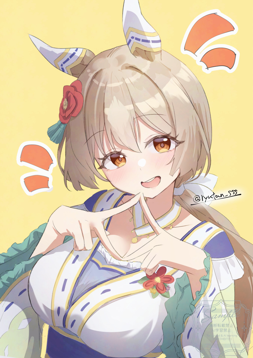 1girl, animal_ears, artist_name, breasts, cleavage, diamond_hands, ear_covers, ear_ornament, highres, horse_ears, horse_girl, large_breasts, lryutanl, multicolored_hair, ponytail, satono_diamond_(floral_star_prosperous_green)_(umamusume), satono_diamond_(umamusume), solo, two-tone_hair, umamusume, watermark, yellow_background