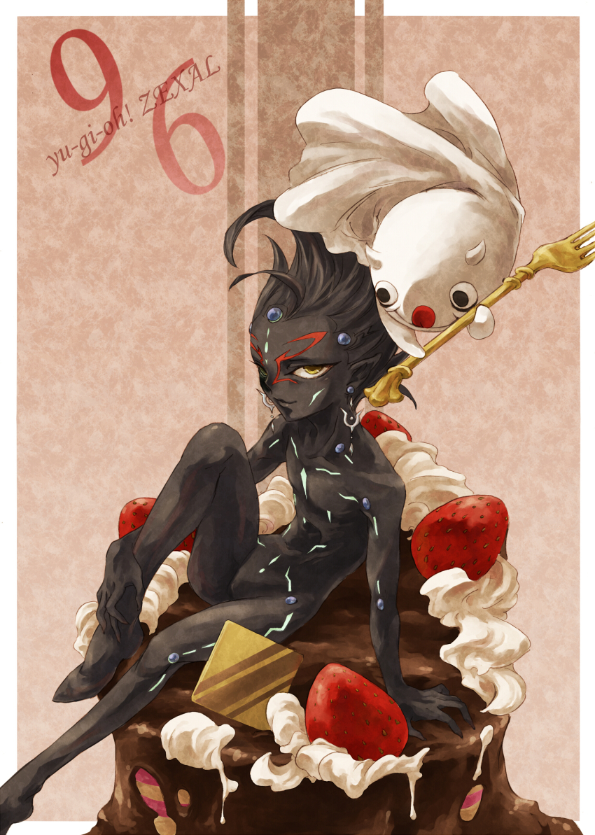 1boy, absurdres, black_hair, blue-sleep, body_markings, brown_background, cake, cake_slice