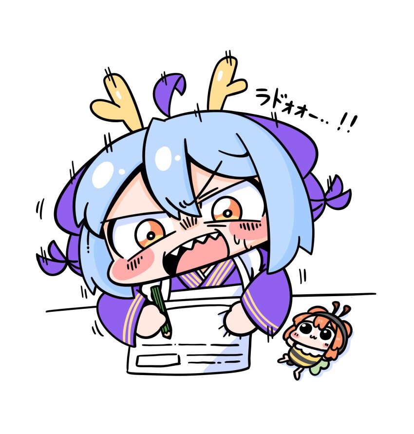 2girls, :3, academic_test, ahoge, blue_hair, blue_kimono, buraninn, dragon_girl