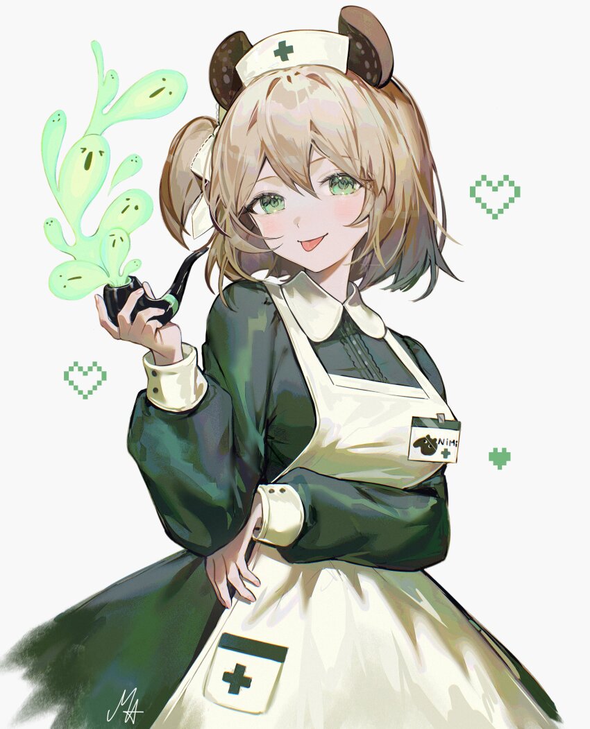 1girl, absurdres, ani_019, animal_ears, apron, dress, green_dress, green_eyes