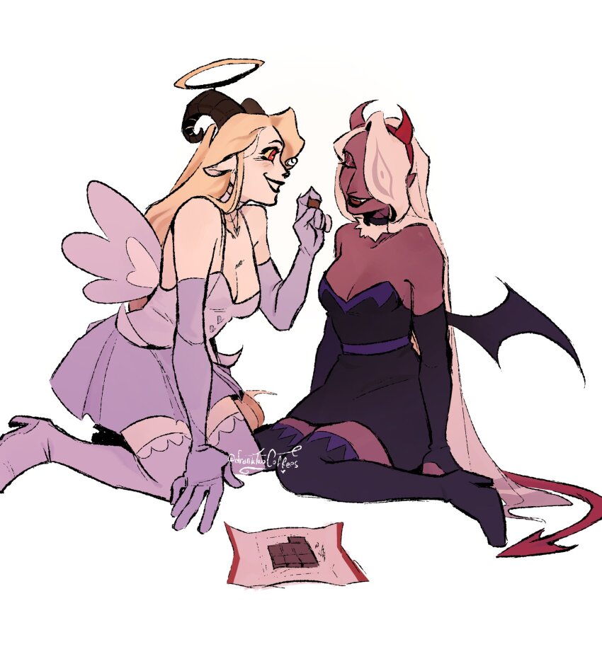 2girls, angel, angel_and_devil, blonde_hair, charlie_morningstar, demon_girl, demon_horns, dranktwocoffees