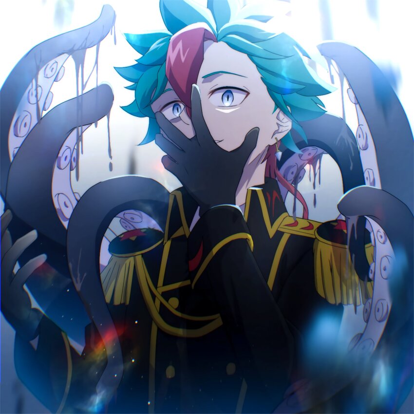 1boy, atltax_00, black_gloves, black_jacket, black_necktie, blue_eyes, colored_bangs, covering_own_mouth