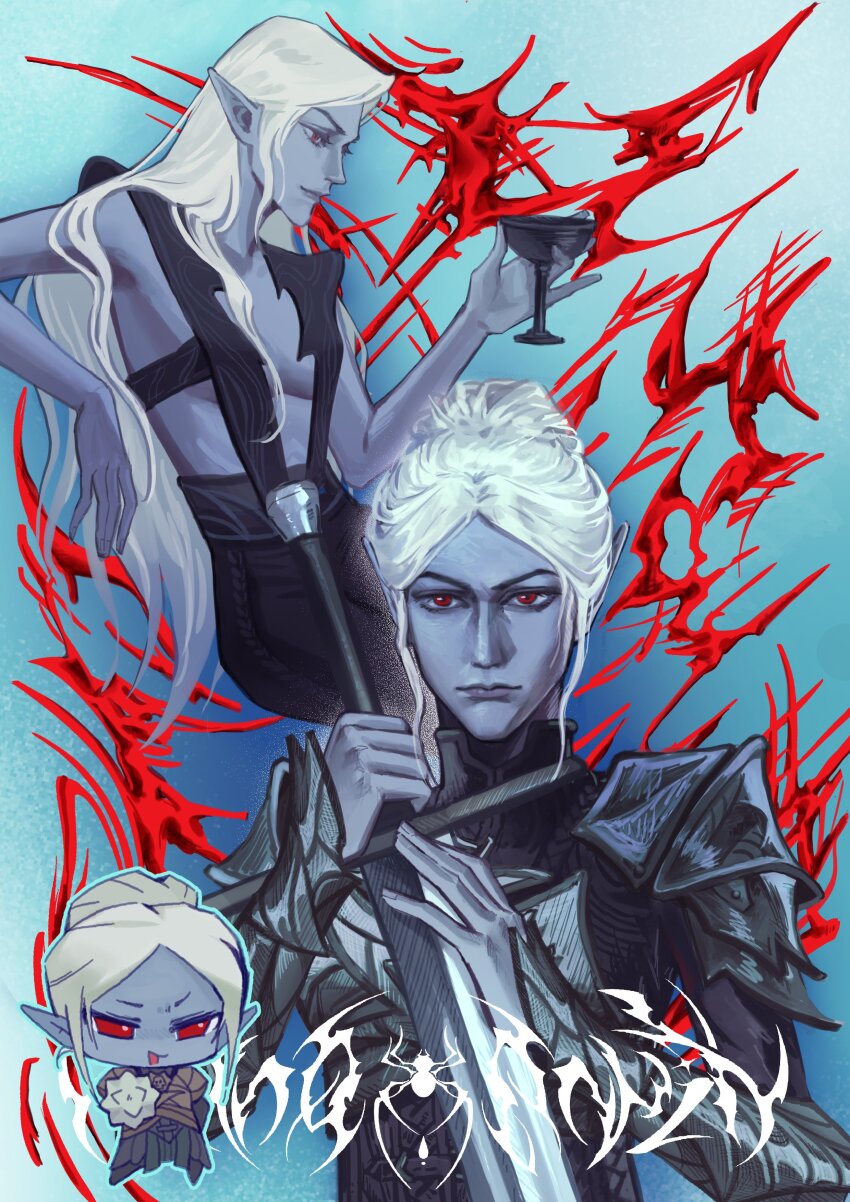 1girl, absurdres, armor, baldur's_gate, baldur's_gate_3, black_pants, blue_background, blue_skin