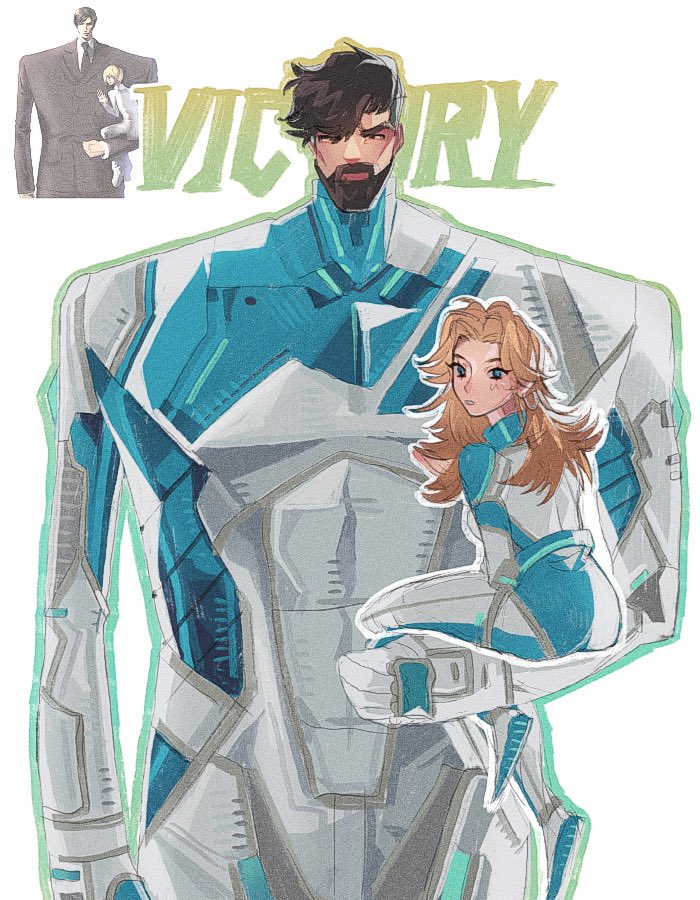 1boy, 1girl, ass, beard, black_eyes, black_hair, blonde_hair, blue_eyes, bodysuit, boots, character_request, dotori_012, english_text, facial_hair, fantastic_four, gloves, long_hair, looking_back, marvel, marvel_rivals, reed_richards, serious, sitting, size_difference, smile, soles, sue_storm, tall_male, white_background