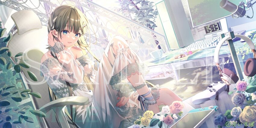 1girl, alternate_costume, ankle_ribbon, barefoot, blunt_bangs, braid, chair, clock