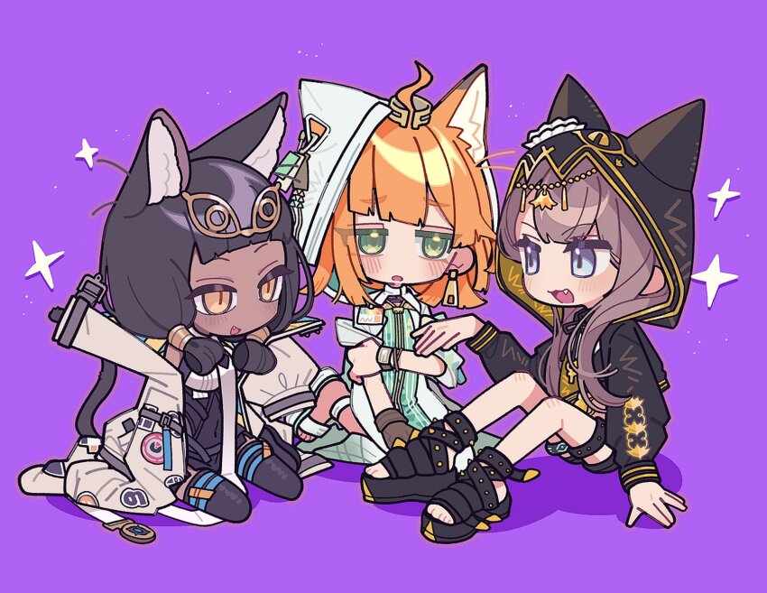 3girls, :d, ahoge, animal_ear_fluff, animal_ear_hood, animal_ears, arknights, black_footwear