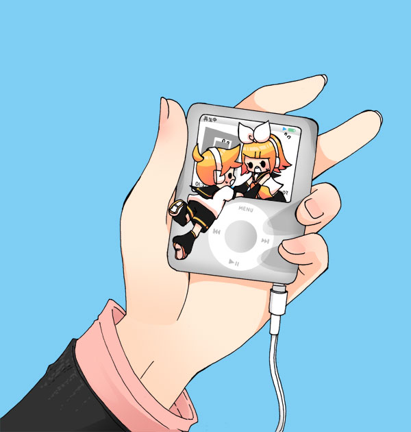 1boy, 1girl, brother_and_sister, chibi, mp3_player, ipod, kagamine_len, kagamine_rin