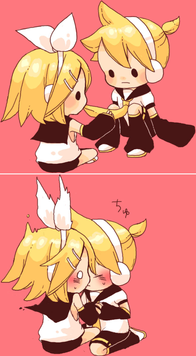 1boy, 1girl, bad_id, bad_pixiv_id, blush, brother_and_sister, chibi, detached_sleeves, hetero, incest, kagamine_len, kagamine_rin, kiss, miza-sore, mouth_hold, siblings, twincest, twins, vocaloid