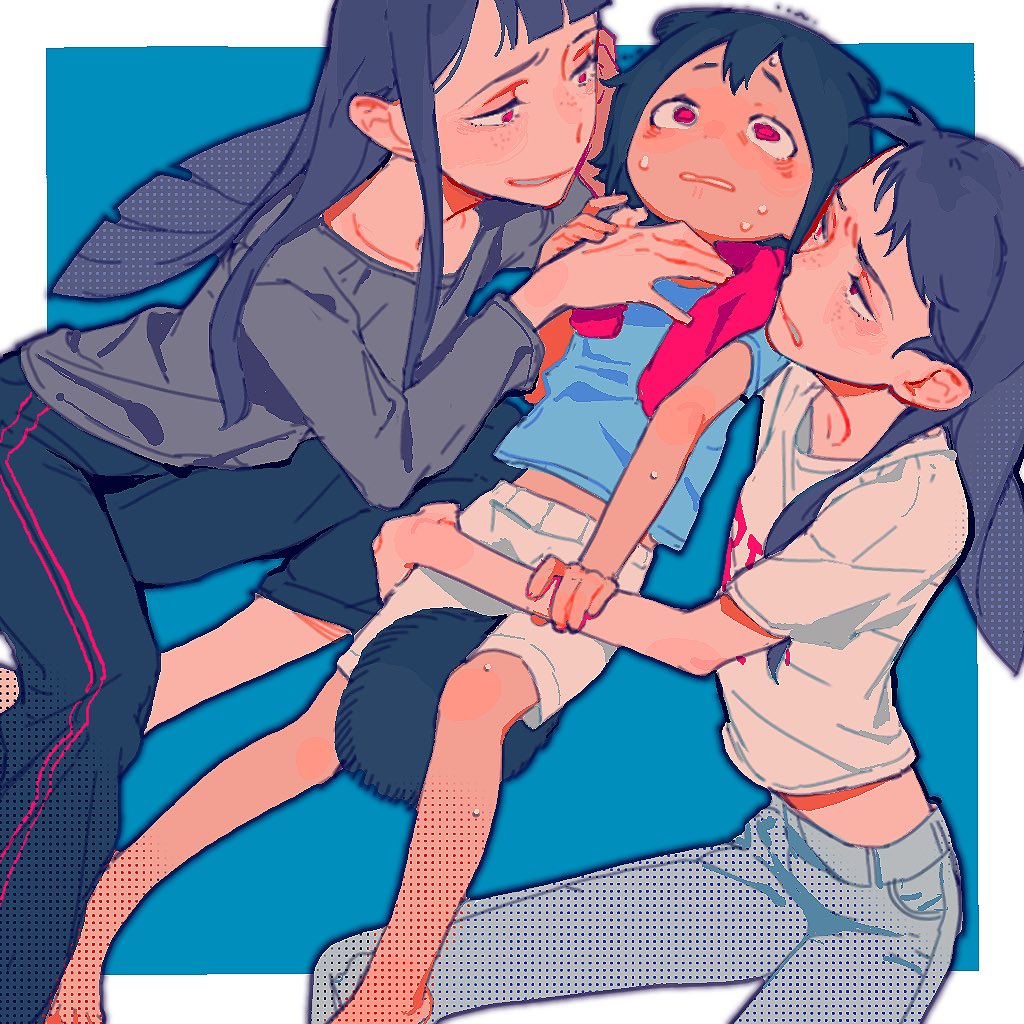 3girls, animal_ears, asakusa_midori, asymmetrical_bangs, ben-day_dots, black_hair, border, clone