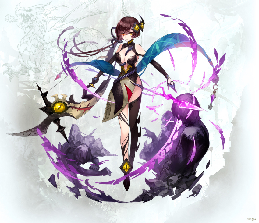 1girl, arrow_(projectile), azusa_yumi_(phantom_of_the_kill), black_boots, black_dress, boots, bow_(weapon), breasts