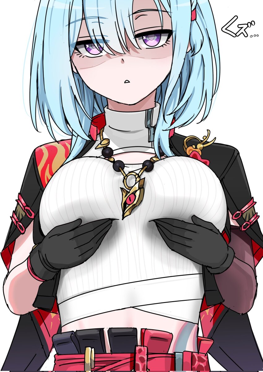 1girl, bikeibikei, black_gloves, black_jacket, blue_hair, breasts, corrupted_twitter_file, crop_top