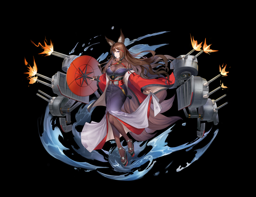 1girl, amagi_(azur_lane), azur_lane, black_background, bodystocking, breasts, brown_hair, cleavage, coat, highres, holding, holding_umbrella, japanese_clothes, kimono, large_breasts, long_hair, long_sleeves, looking_at_viewer, open_clothes, open_coat, purple_eyes, purple_kimono, red_coat, red_umbrella, rudder_footwear, ship_turret, simple_background, solo, umbrella, user_vjez2775, very_long_hair, water, wide_sleeves