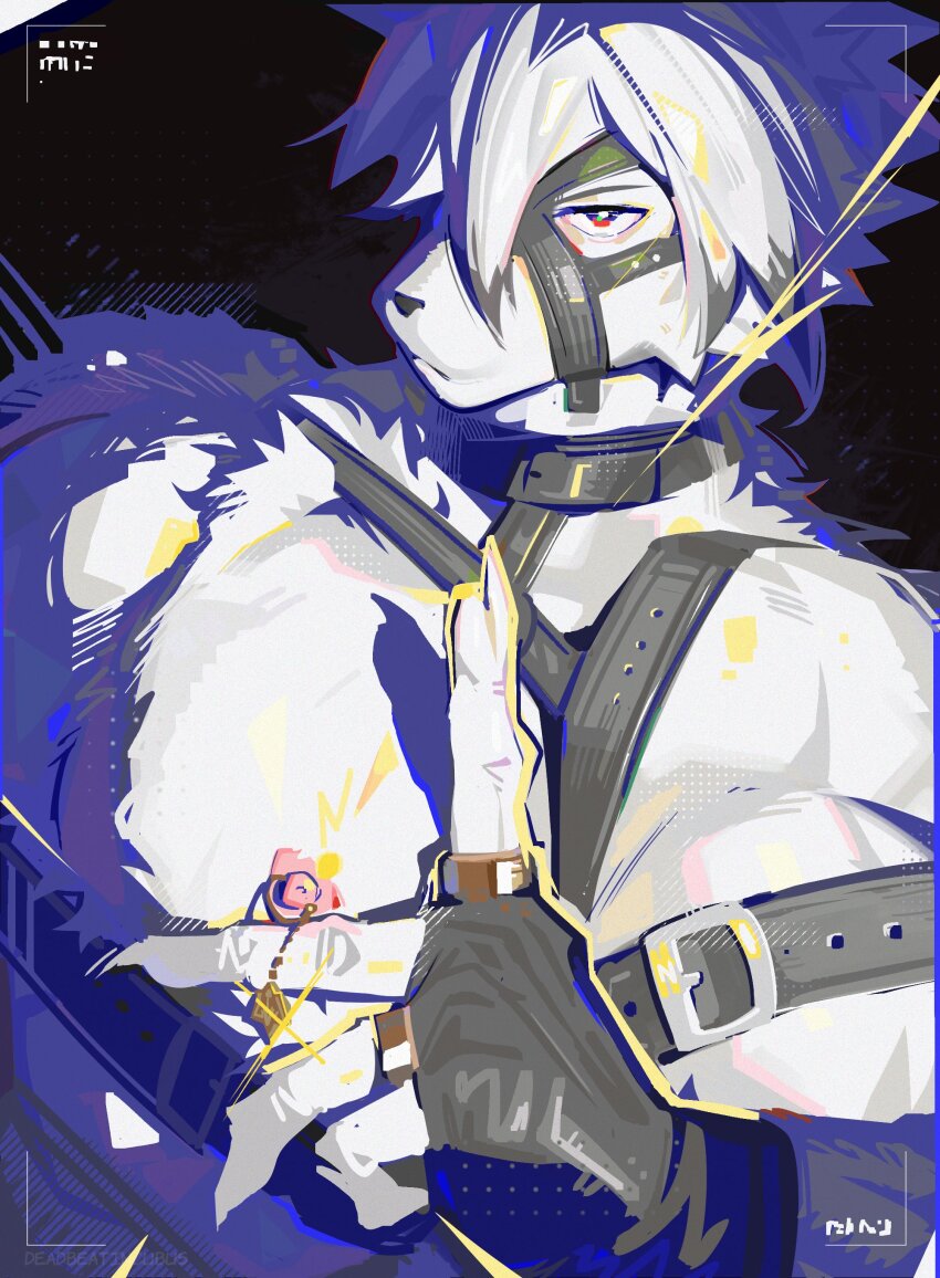 1boy, absurdres, artist_name, black_gloves, chest_harness, claws, closed_mouth, colored_tips
