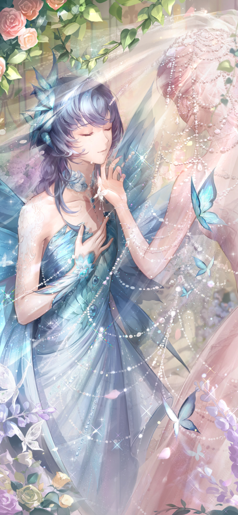 1boy, 1girl, animal_print, arm_warmers, artist_request, bare_arms, bare_shoulders, blue_arm_warmers