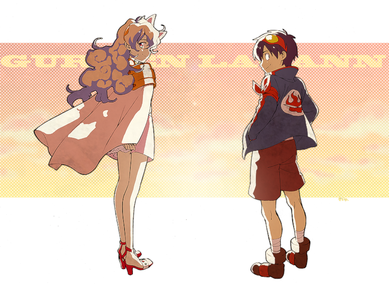 19881214konatu, 1boy, 1girl, arms_behind_back, black_hair, blonde_hair, blue_jacket, brown_shorts, cape, closed_mouth, dress, from_behind, full_body, goggles, goggles_on_head, hands_in_pockets, high_heels, jacket, long_hair, looking_at_viewer, looking_back, nia_teppelin, pink_dress, shoes, short_hair, shorts, simon_(ttgl), smile, tengen_toppa_gurren_lagann