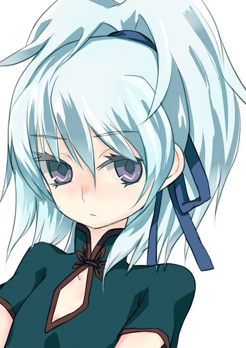 close-up, darker_than_black, hair_ribbon, ponytail, purple_eyes, ribbon, silver_hair, solo