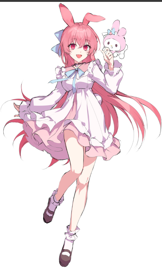 1girl, :d, animal_ears, blue_bow, bobby_socks, bow, breasts, dress